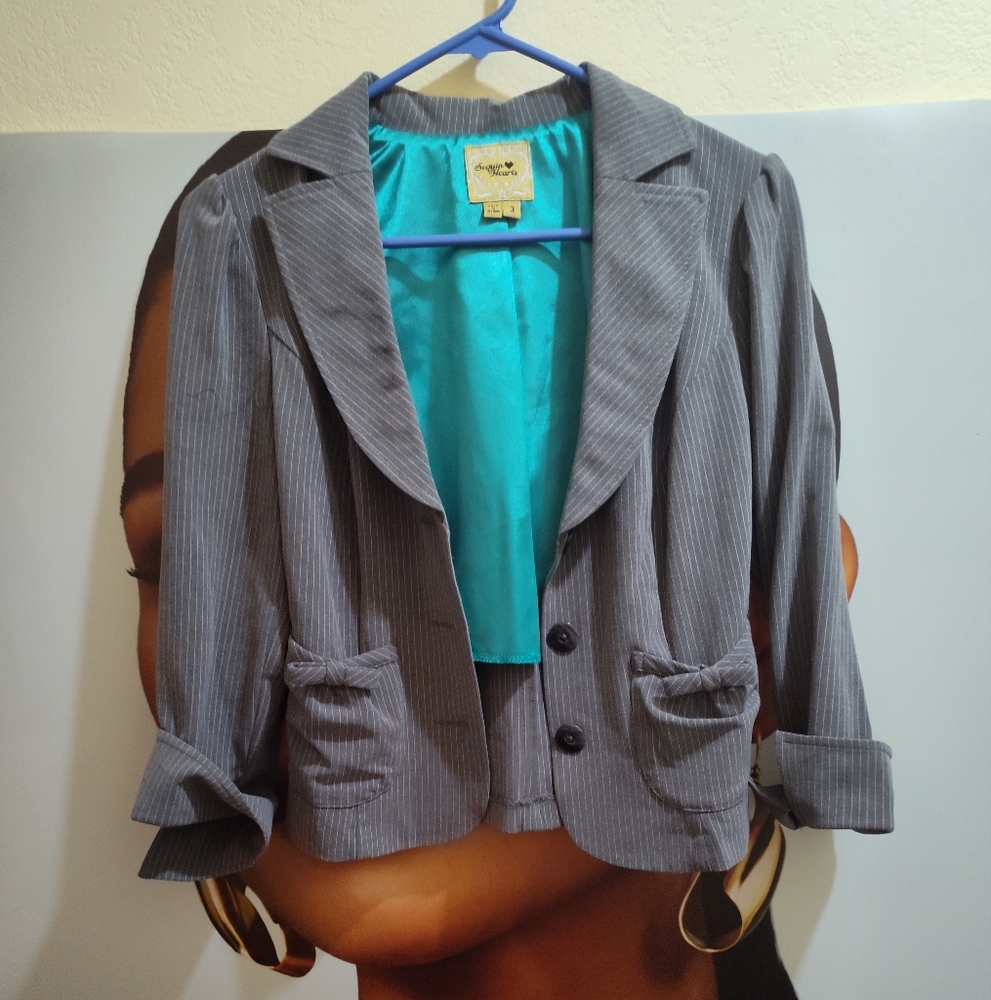 Sequin Hearts Gray Striped Blazer with Teal Lining